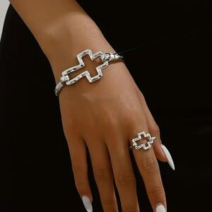 Silver Cross Bracelet and Ring Set